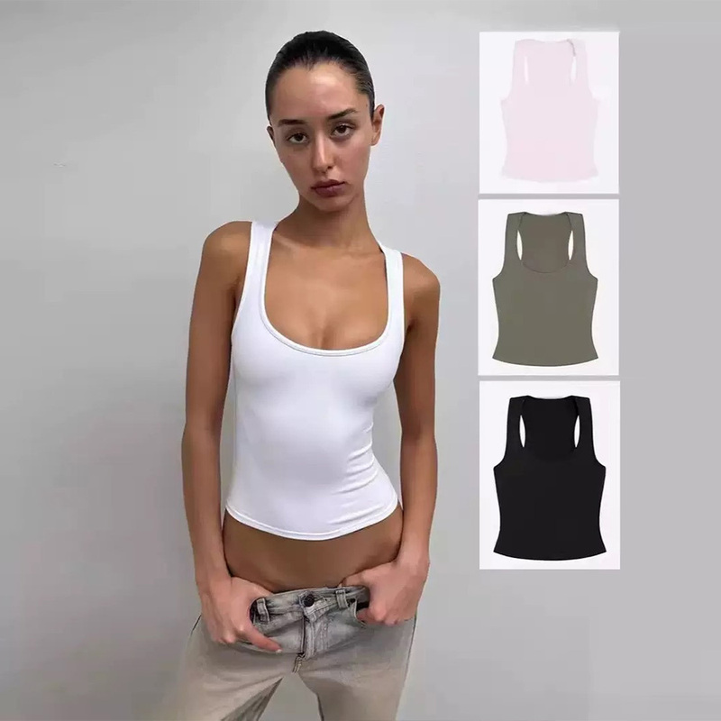 In-Stock Tank Air Camisole Top, Spicy Style High-Elastic Square Neck Wide Shoulder Strap Racerback Sports Short Top