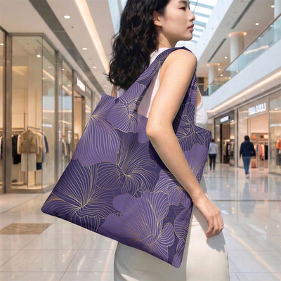 Purple background golden flower folding eco-friendly shopping bag, grocery bag, tote bag, single-shoulder bag, handbag, travel storage bag, portable