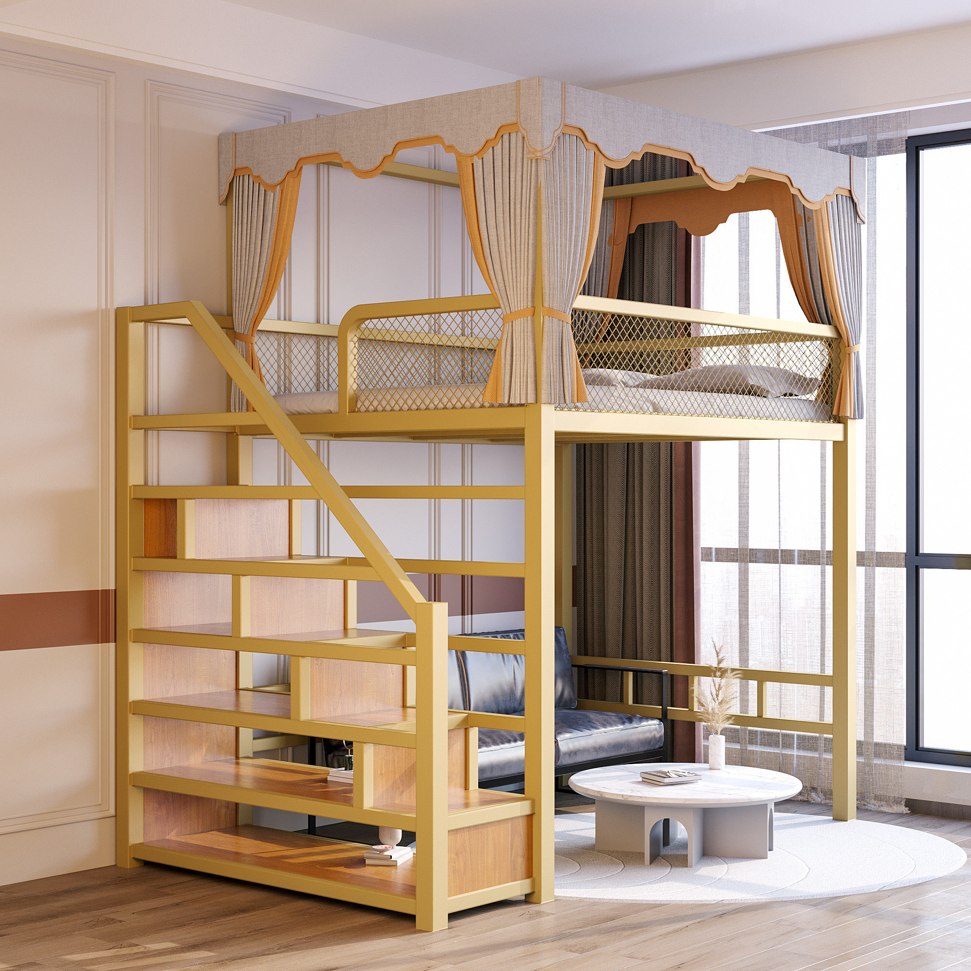 Small Family Type Iron Art High And Low Iron Frame Bed Overhead Bed Lower Empty Terraced Shelf Bed home duplex 2nd floor bed loft bed-Taobao