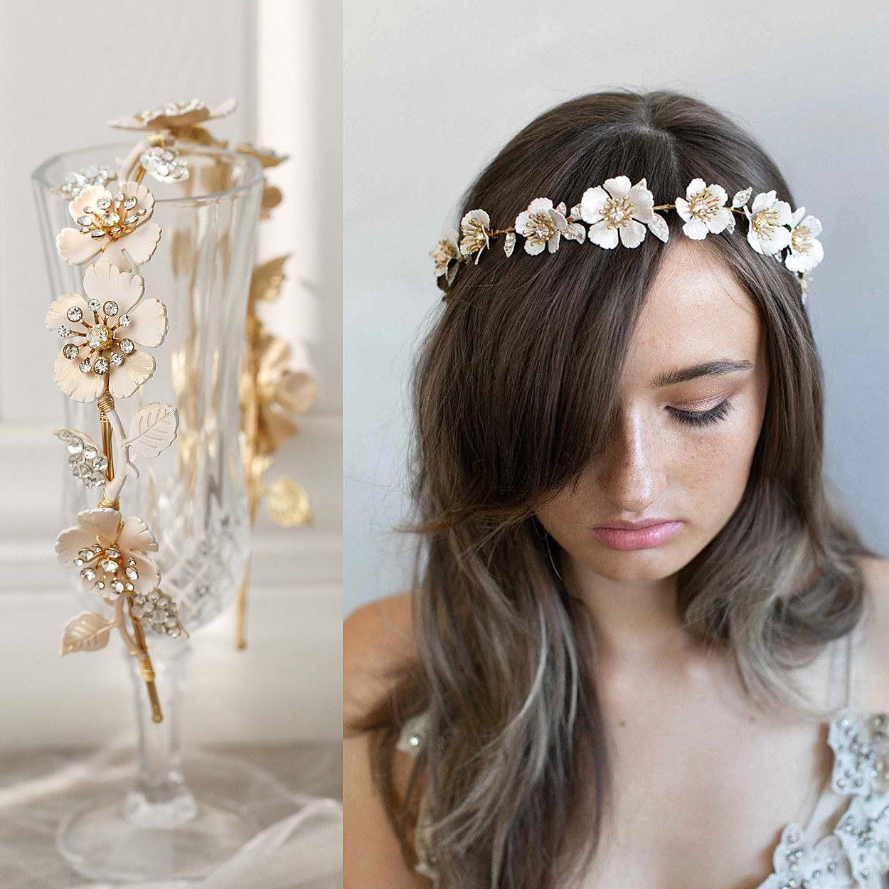 Exaggerated big flower retro metal flower rose leaf headband bridal European style enamel white flower hair accessories