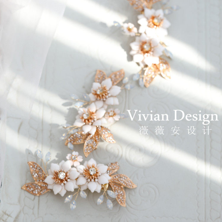 Original Homemade Temperamental Flowers Bridal Head Accessories Hair Clip Inlaid Drilling Gold Leaf Wedding Dress With Makeup Photo Hair Accessories Hair Accessories