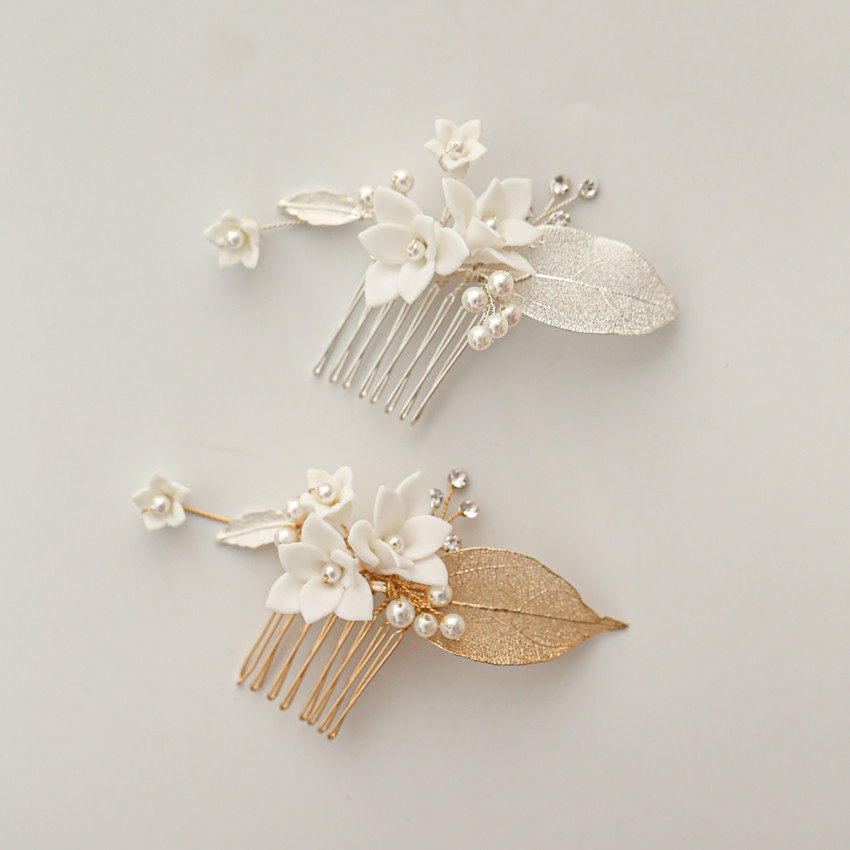 Hollow leaves elegant white flowers star flower small comb bride bridesmaid export porcelain flower hair accessories headdress