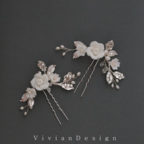 ins European rose ceramic white flowers silver hairpin bridal headdress rhinestones natural pearl hair accessories