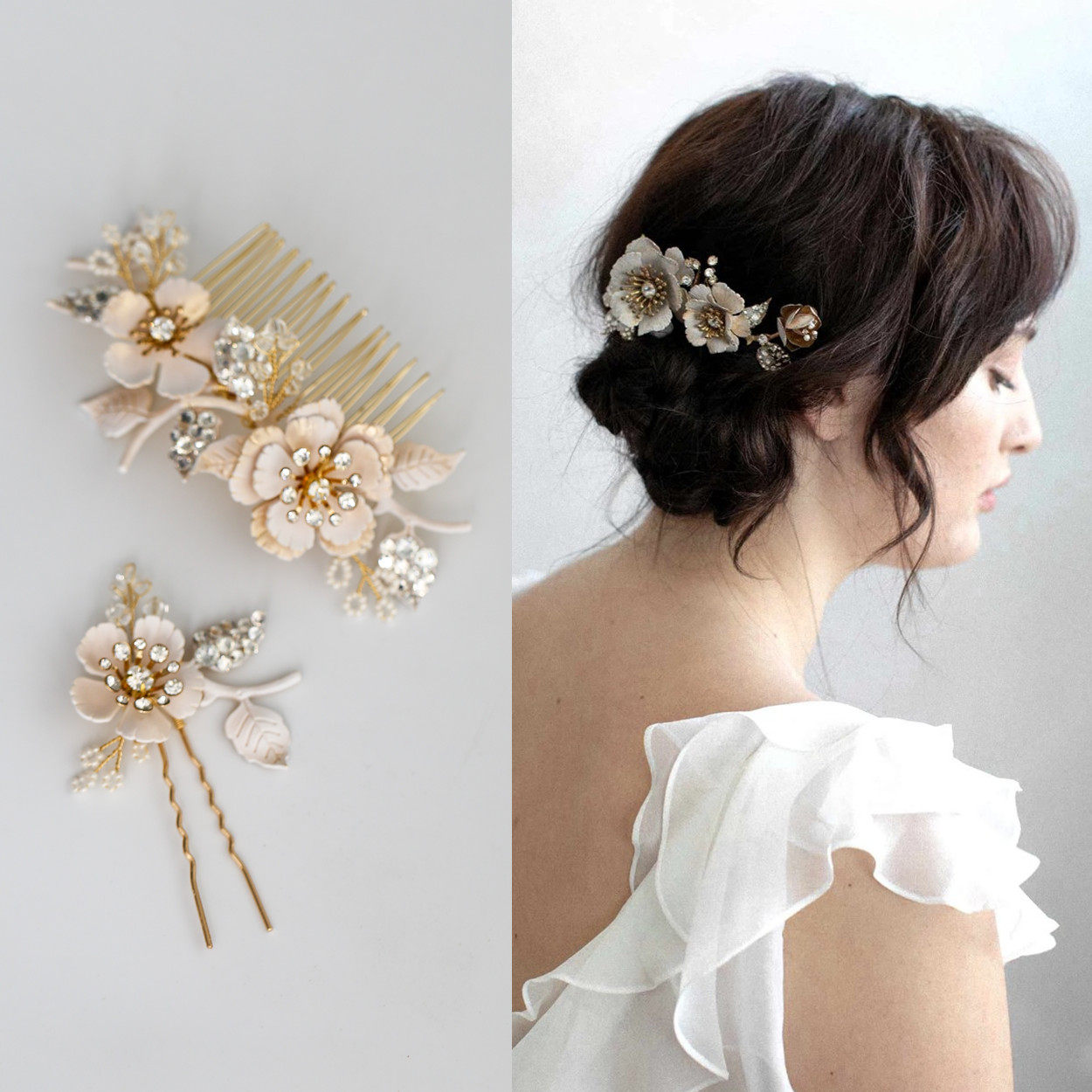 Rose Leaf Garden Comb Metal Large Flower Exaggerated White Enamel Bridal Comb Hair Accessory Tiara
