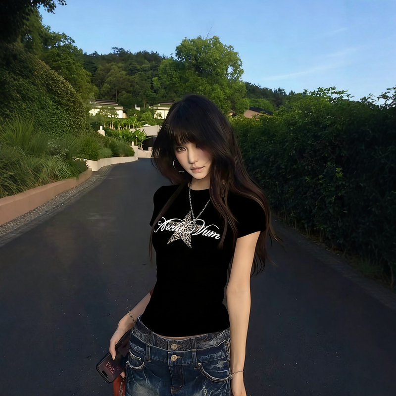 Nxy American Style Spicy Girl Leopard Print Five-Pointed Star Print Black Short-Sleeved T-Shirt for Women, Summer Slim Fit, High-End Feel Top