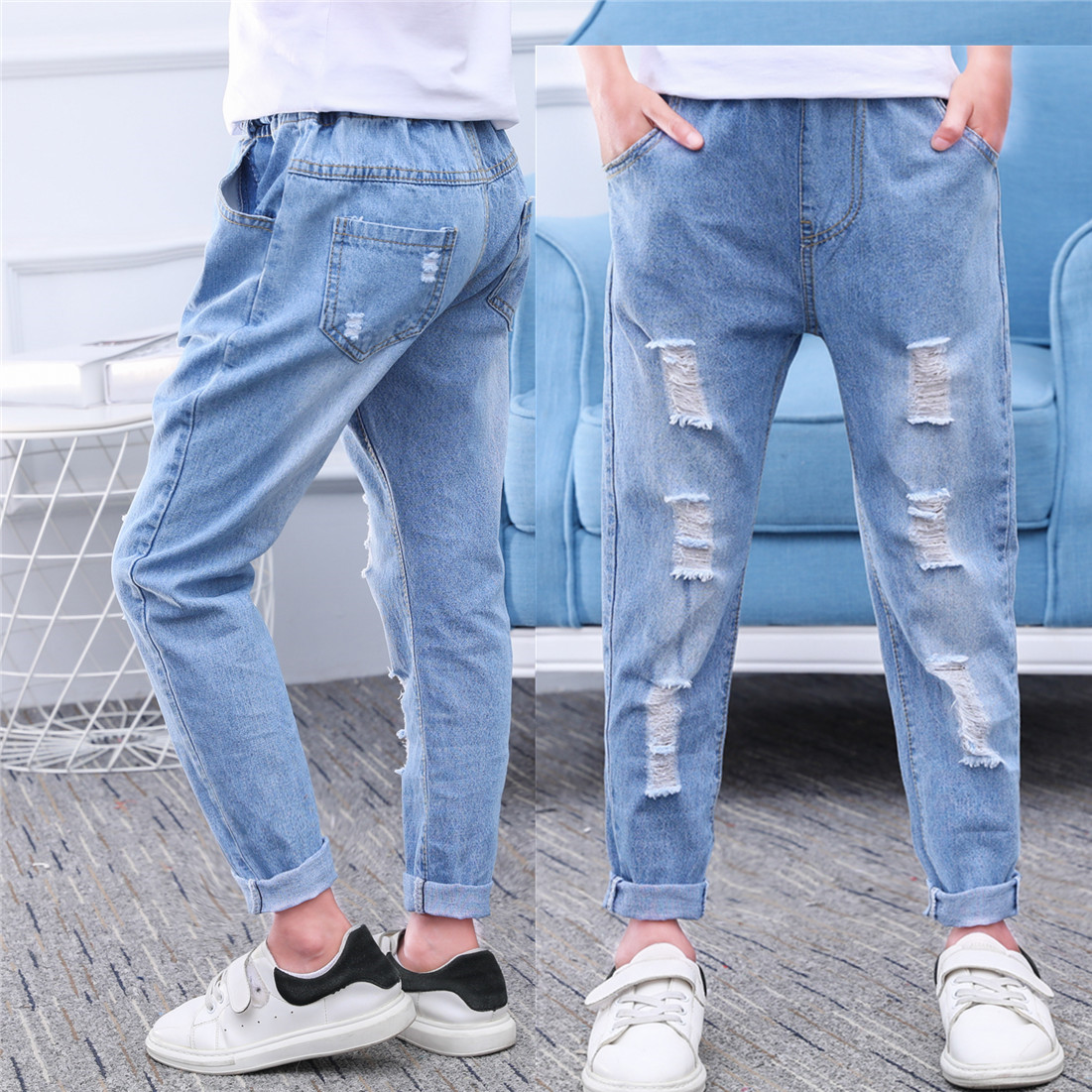 Boys dài quần lỗ quần jean mùa thu 2020 mới phiên bản Hàn Quốc của quần âu trẻ em lớn dành cho trẻ em mỏng của quần áo mùa hè.