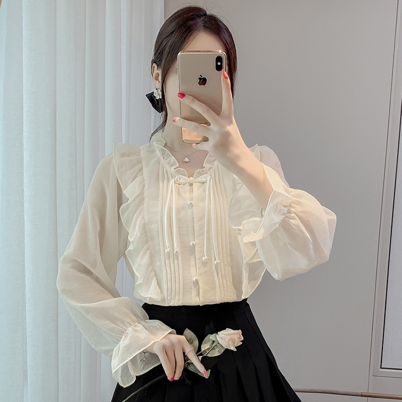 Нежная шифоновая рубашка из французского кружева с оборками, женская весенне-осенняя новая стильная дизайнерская рубашка, шикарная блузка в западном стиле