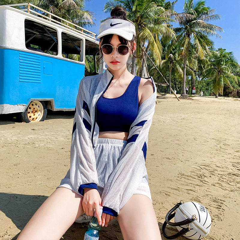 Swimsuit women 2021 new fashion summer two-piece conservative student flat angle fairy fan Korea long-sleeved sports three-piece suit