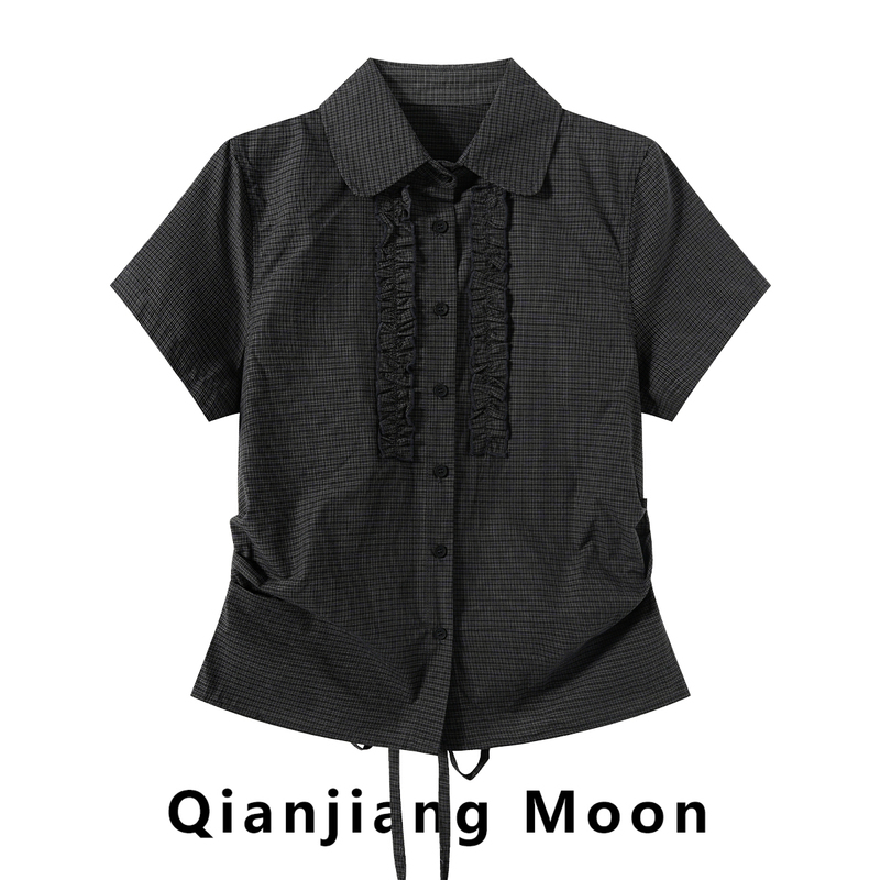 American Retro Plaid Polo Collar Short-Sleeved Shirt for Women, New Summer Style, Pleated Waist-Cinching, Slim-Fit, Regular Shoulder, Versatile Top