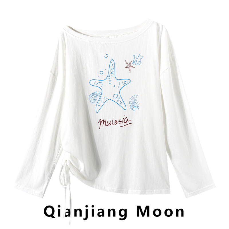 Lazy Style One-Shoulder Sun Protection Cover-Up Long-Sleeved T-Shirt for Women Summer New Style Irregular Design Drawstring Waist Top