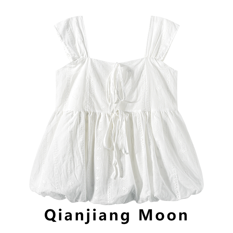 Korean-Style White Square-Neck Floral Camisole for Women, New Summer Model with Bow Tie, Age-Reducing Casual Versatile Top