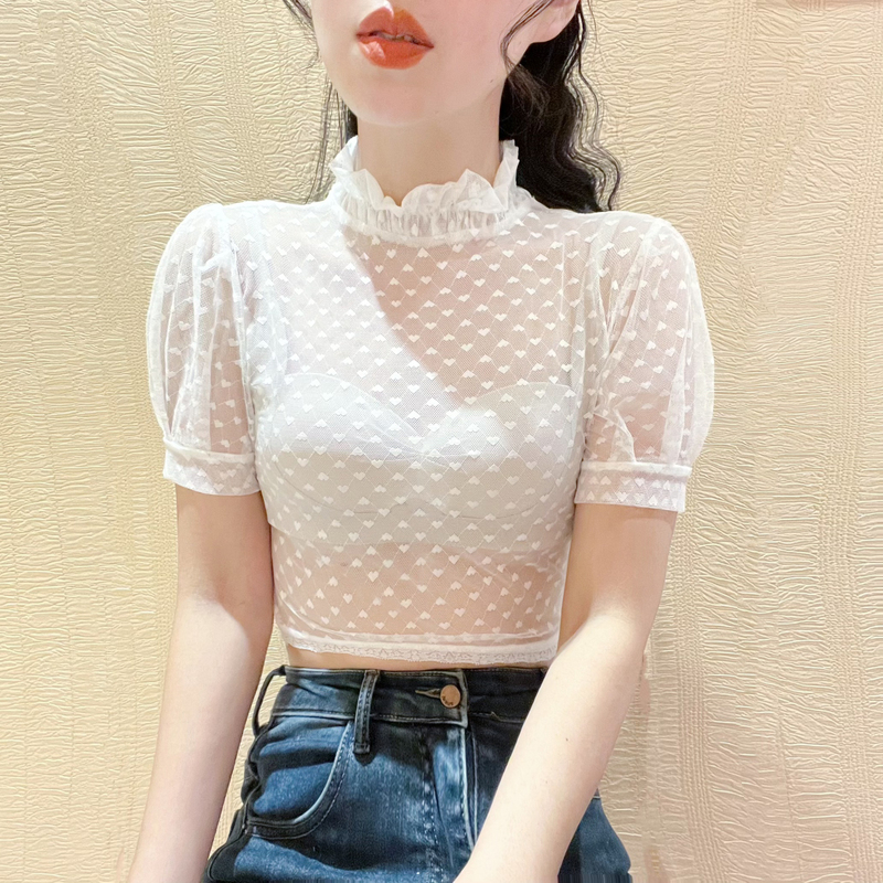 Lace Short-Sleeve T-Shirt with a Fake Collar Worn under a Slip Dress, White Lightweight Mesh Base Shirt, Tube Top to Prevent Exposure