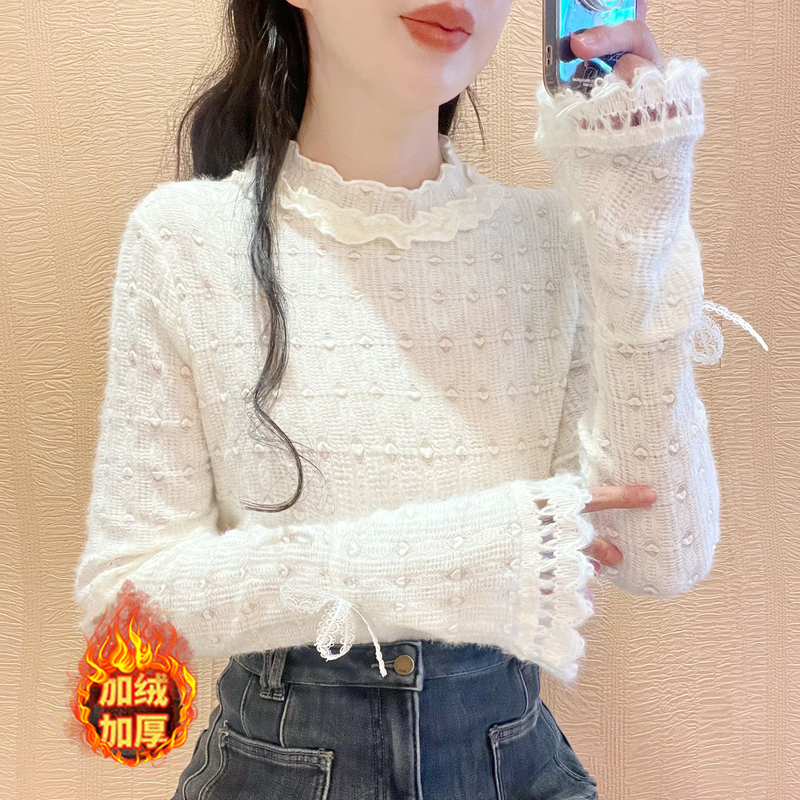 Flared Sleeve Lace-Up Fleece-Lined Lace Base Shirt for Women, 2026 New Style, Suitable for Wearing with a Coat, Brushed Stand-Up Collar Top