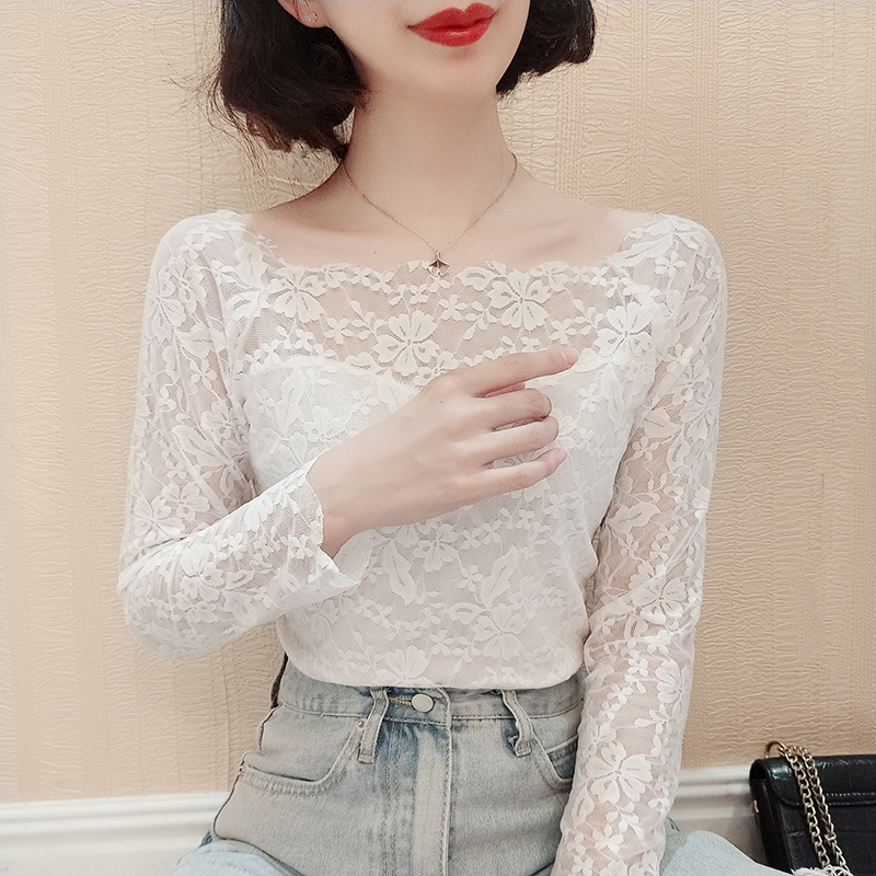 Wave Lace T-Shirt for Women, Crochet Hollow Mesh Square Neck Long-Sleeve Base Shirt, Thin Style, Large Size, Unique Top