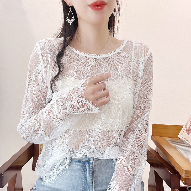 Lace Base Shirt for Women, 2025 New Style, Inner Wear with Lace Mesh, Hollow Transparent Long-Sleeve T-Shirt, Beautiful Top