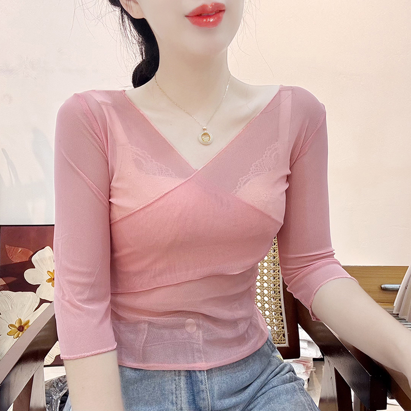 Mesh Blouse for Women with Three-Quarter Sleeves, Thin Transparent Pullover Top for Dance Wear, Summer Lace Short Cross-Over Top