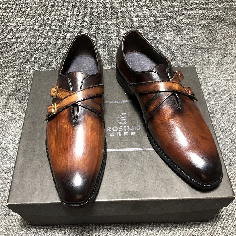 High-end hand-polished retro shoes men's trendy shoes British buckle Derby shoes leather pointed toe business formal leather shoes