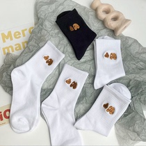 Severed Head Cubs Embroidered Socks Female Midbarrel Socks Slim Summer Ins Tide Pure Cotton Spring Autumn 100 Hitch Black White Long Socks