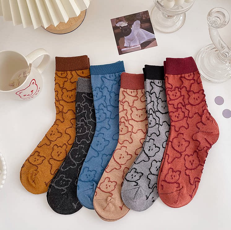 Cute Day Series Socks Female Midbarrel Socks ins Chains Han version Cute Cartoon Little Bear Bubble Socks College Wind stockings