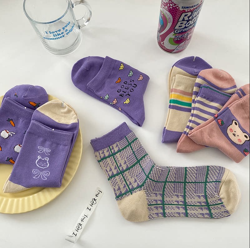 Purple Socks Children's Chains Chains Sox South Korea Lovely Japanese Tie Striped Plaid Cubs Girls Autumn/Winter Long Barrel Socks