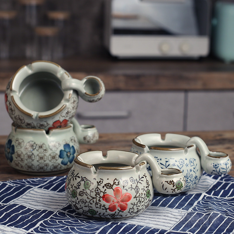 Ceramic with sink Smoke Ashtray Creative Day Style Imitation Antique Green Flower Porcelain Tobacco Cylinder Round Belly Windproof Home Living Room Smoking Ash Tray
