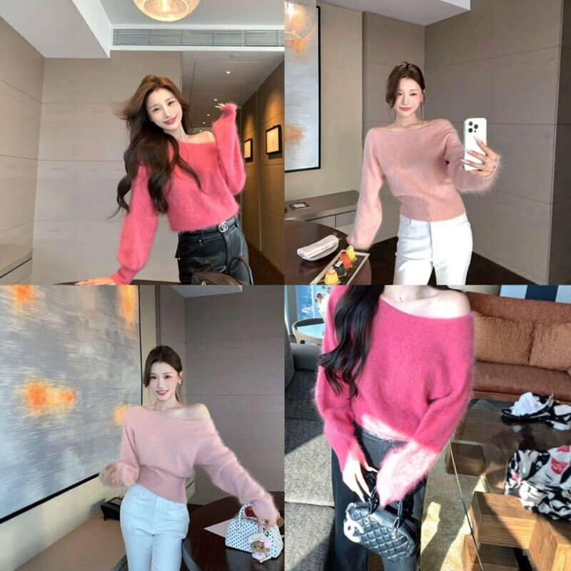 Pink Mohair One-Shoulder Long-Sleeve Pullover Sweater for Women, New Autumn and Winter Style, Casual Chic Short Waist-Cinched Off-Shoulder Top Pink Mohair One-Shoulder Long-Sleeve Pullover Sweater for Women, New Autumn and Winter Style, Casual Chic Short Waist-Cinched Off-Shoulder Top
