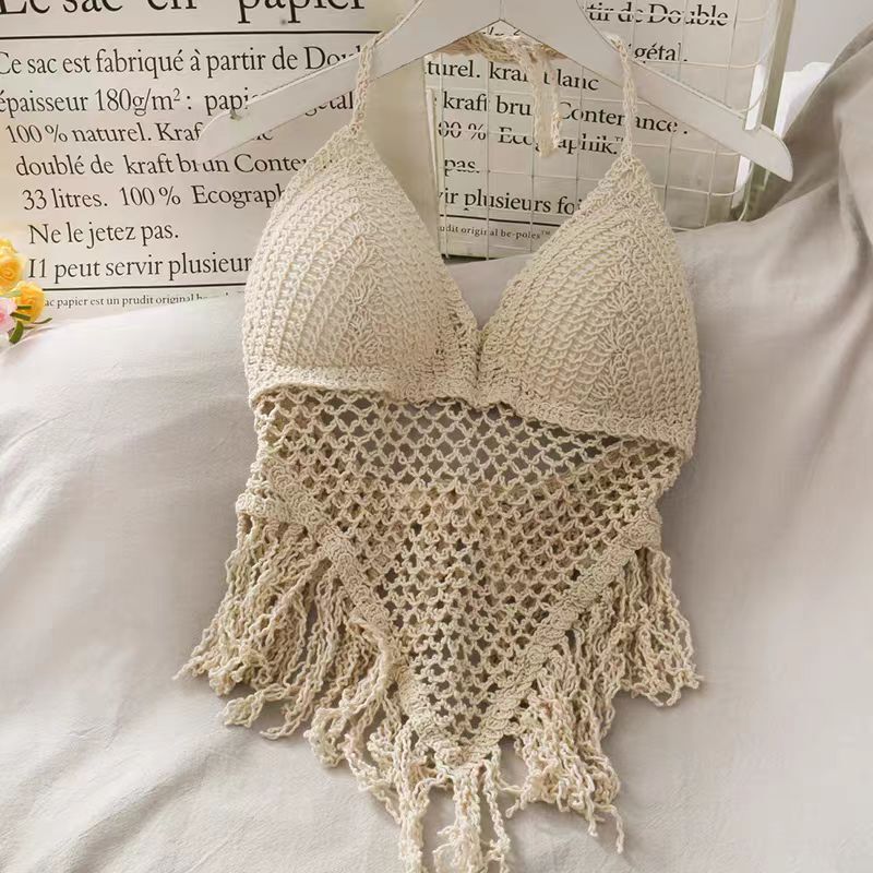 Summer New Tassel Camisole Women's Woven Hollow Halterneck Off-Shoulder Bottoming Shirt Wrapped Chest Sexy Outer Top Summer New Tassel Camisole Women's Woven Hollow Halterneck Off-Shoulder Bottoming Shirt Wrapped Chest Sexy Outer Top