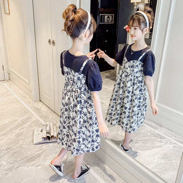 Girls dress summer dress 2021 new medium and large children's fake two-piece floral skirt foreign style Korean version of the tide children's summer