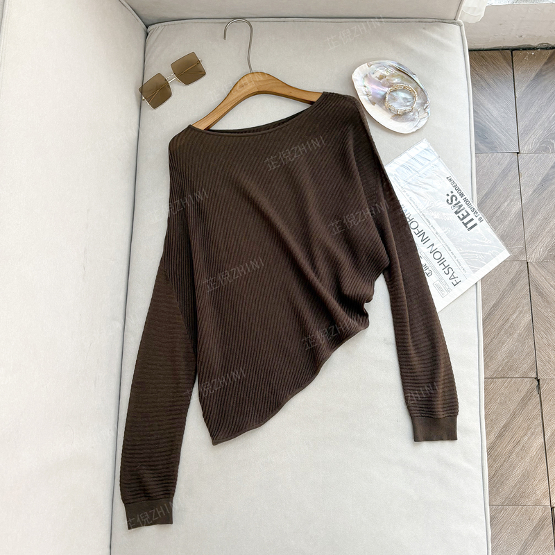 【Nanyou Zhini】Vintage Coffee-Colored Irregular Knit Sweater, Long-Sleeved Women's Autumn and Winter Elegant Slim-Fit Sweater 803055