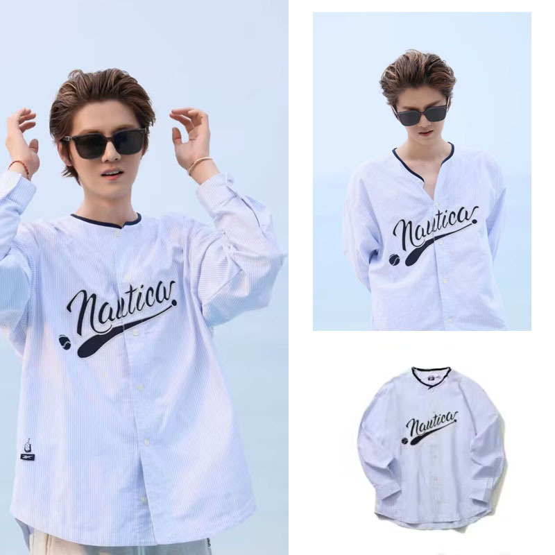 5 Ha Luhan Same Style Blue Striped T-Shirt Long-Sleeve Letter Print Pattern Top Loose Casual Clothing New Style 26
