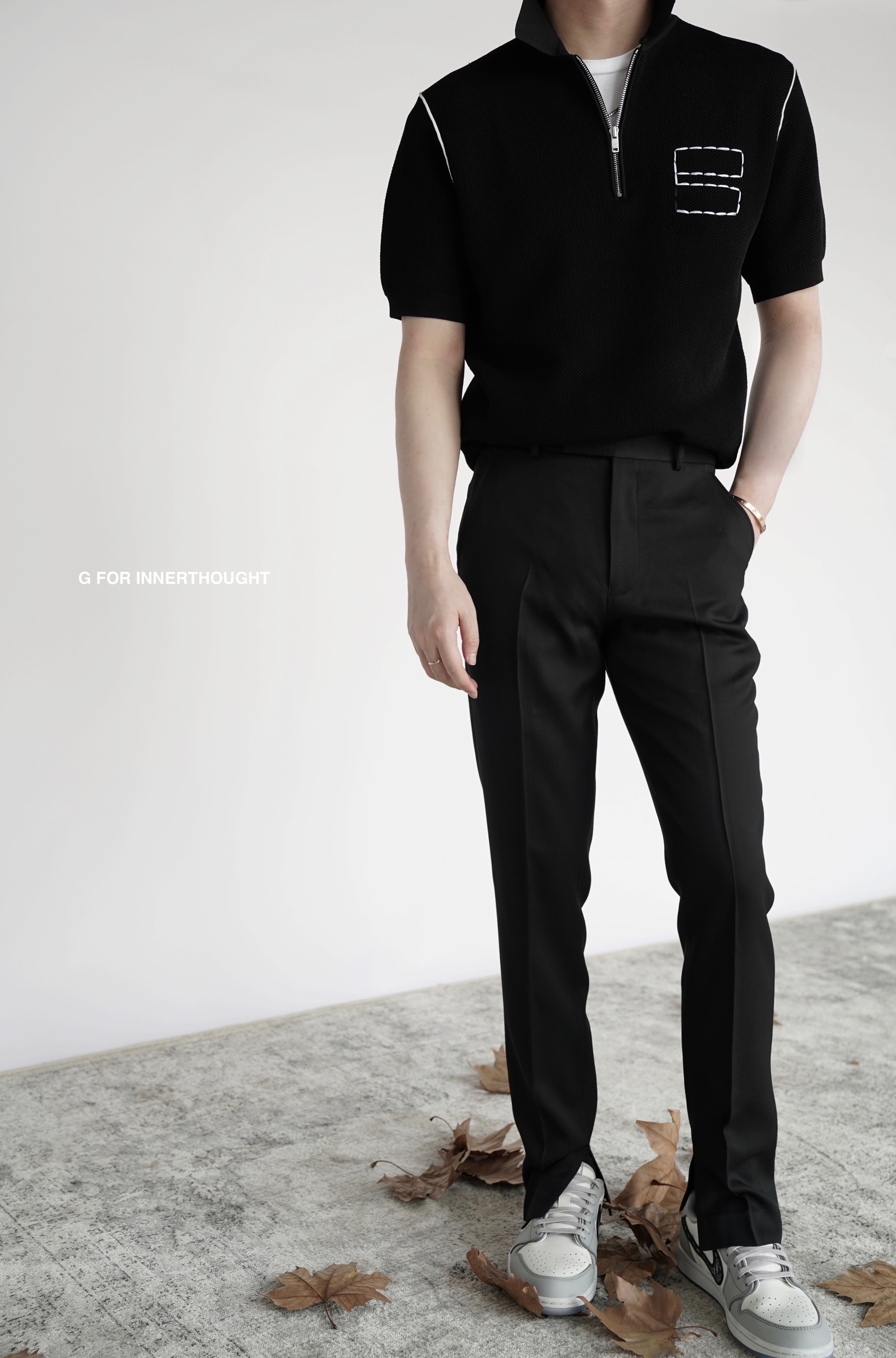 G FOR INNERTHOUGHT summer black lapel riri zipper T-shirt knitted short sleeves