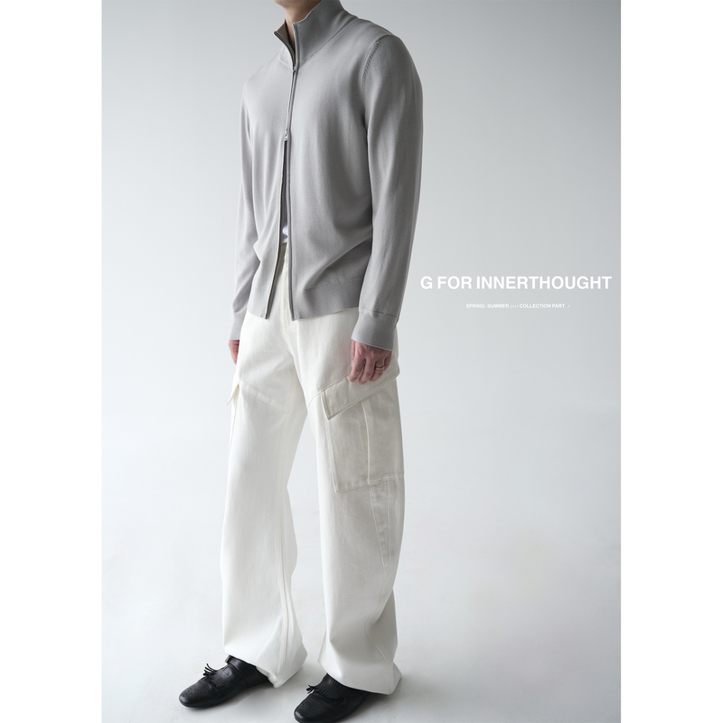 G for Inner Thought | 160S Gold Wool Skin-Like Zipper Long-Sleeve Cardigan Sweater Knitwear G for Inner Thought | 160S Gold Wool Skin-Like Zipper Long-Sleeve Cardigan Sweater Knitwear