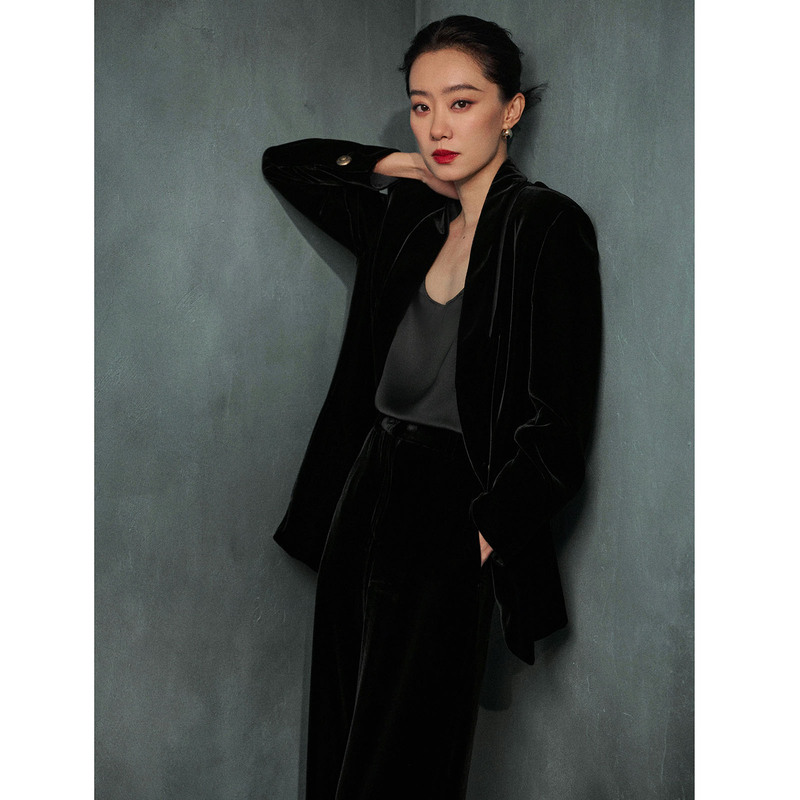 Zhang Xiaofei's Same Style Light Luxury Heroine Relaxed High-End Black Velvet Wide-Leg Pants Suit