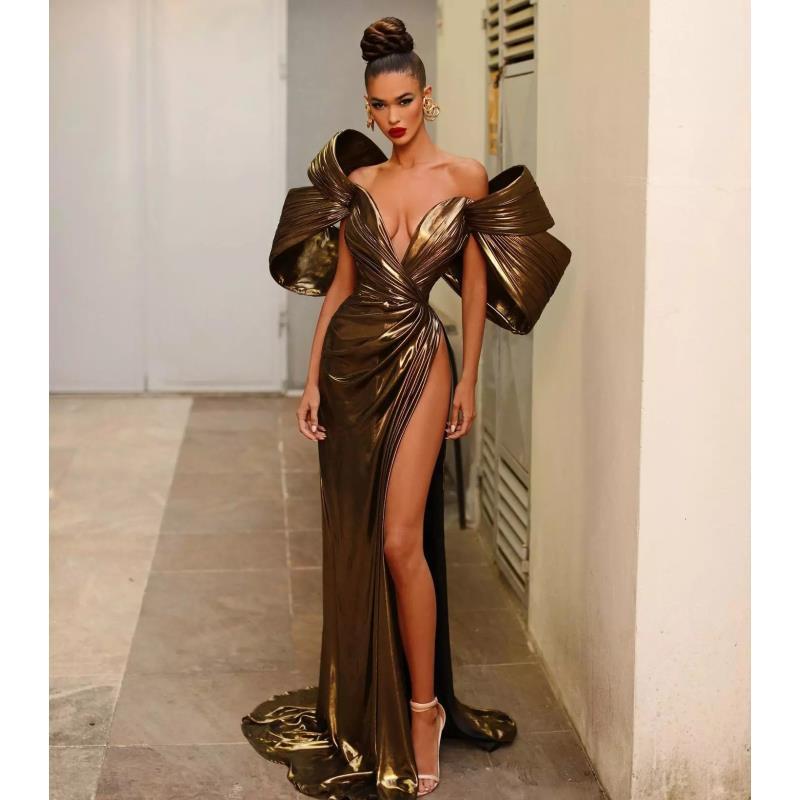 Feminine Gold Leather Split Long Prom Dresses 3D Cap Sleeves Feminine Gold Leather Split Long Prom Dresses 3D Cap Sleeves