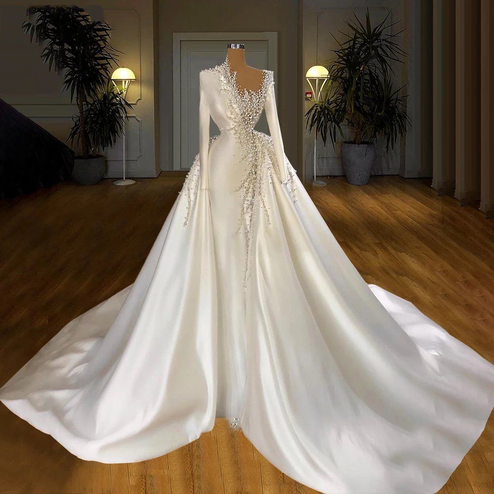 Satin Beaded Pearls Wedding Dresses With Detachable Skirt Lo Satin Beaded Pearls Wedding Dresses With Detachable Skirt Lo
