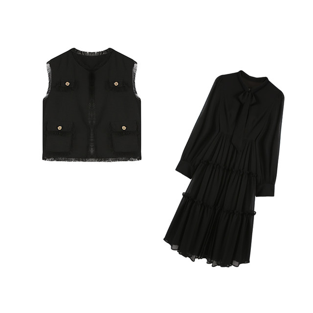 ເຄື່ອງນຸ່ງຜູ້ຍິງ Wujijia plus size ຕົ້ນລະດູໃບໄມ້ປົ່ງ 2024 ຮູບແບບໃໝ່ຂອງຝຣັ່ງ Hepburn elegant slim vest dress suit