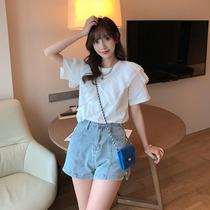 Five-season house big-yard women's fat sister mm is thin and suits two-piece women with summer leaf-shirt jeans