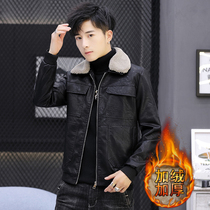 Winter new suede leather mens slim Korean version handsome thickened leather jacket lamb hair collar jacket trend mens clothing