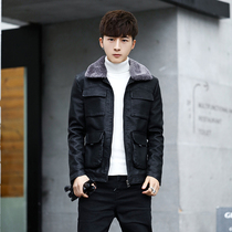 Winter new mens leather velvet thickened warm youth Korean slim fashion leather jacket jacket thickened handsome