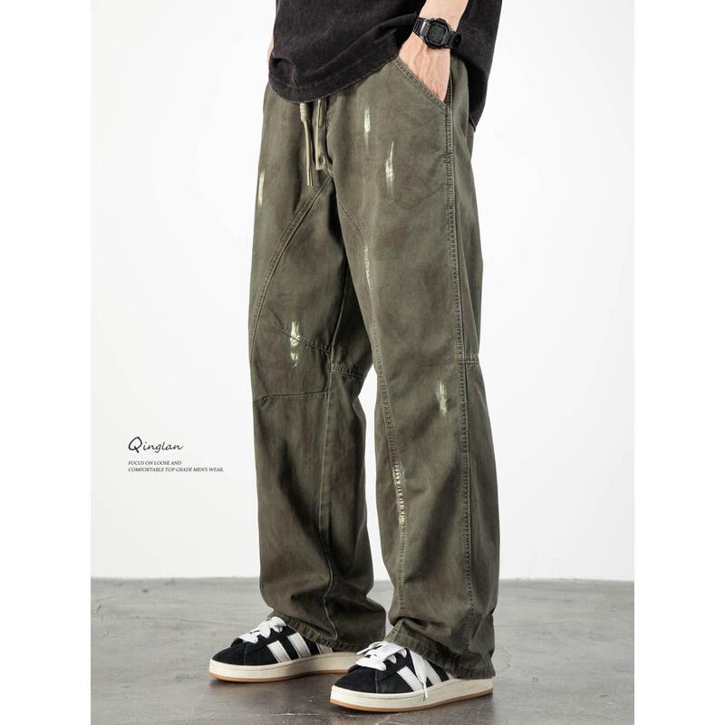 Light Green Military-Style Jeans for Men, Straight-Leg, Loose-Fitting, American Casual Workwear, Trendy Brand, Elastic Waist Pants, 2026 New Model