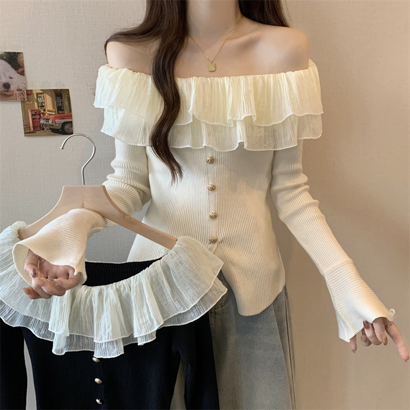 Plus-Size Fashion Autumn New Korean-Style Design Button-Up Off-Shoulder Knit Top Niche Pure Desire Exposed Shoulder Blouse for Women Plus-Size Fashion Autumn New Korean-Style Design Button-Up Off-Shoulder Knit Top Niche Pure Desire Exposed Shoulder Blouse for Women