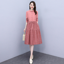Four Seasons Green Woman Dress New Hangzhou 2022 Spring And Autumn Long Sleeves Splicing Dress Pink Cotton Linen Drawing Rope To Collect Waist Dresses