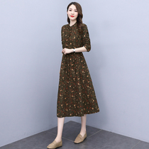 Four Seasons Green Women Dress New Hangzhou 2022 Springtime Long Sleeves Dress Up Waist Display Slim And Slim-Age Retro Cotton Linen Dress