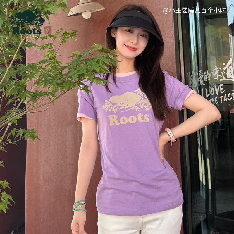 Roots American Style Women's Summer Casual Dopamine Round Neck Pure Cotton Regular Shoulder Short Sleeve T-Shirt 38031087