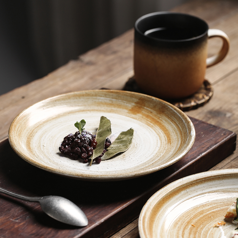 Dongrong Ceramics Jingdezhen Japanese-Style Rustic Ceramic Plate Home Dining Plate Steak Western Food Retro Tableware Ceramic Dish Plate