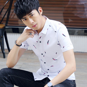 男士短袖衬衫青年夏季休闲衣服学生印花潮流衬
