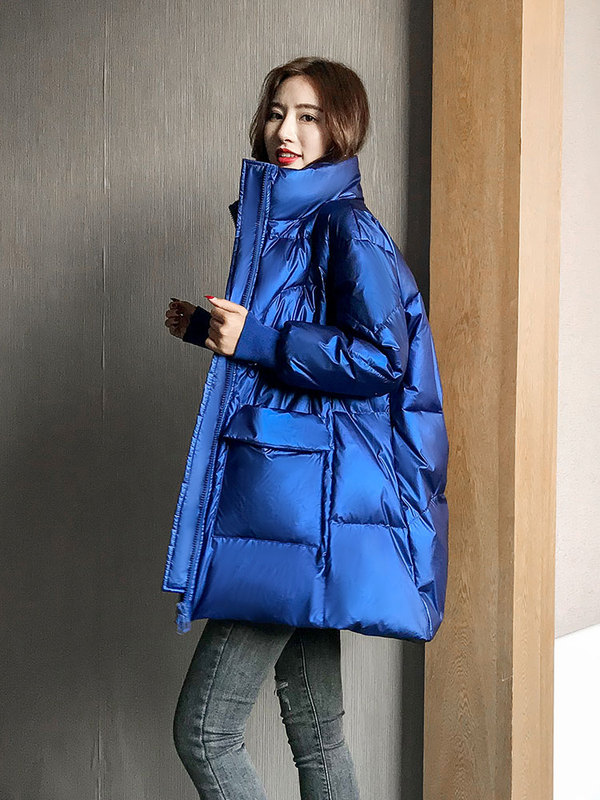 Hong Kong Trendy Brand Blue Glossy down Jacket for Women 2026 Winter New Thickened Korean Style White Duck down Mid-Length Coat