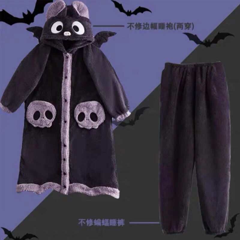 2026 New Halloween Unhemmed Bat Cartoon Coral Fleece Pajamas Winter Black and Purple Robe Home Wear Can Be Worn Outside