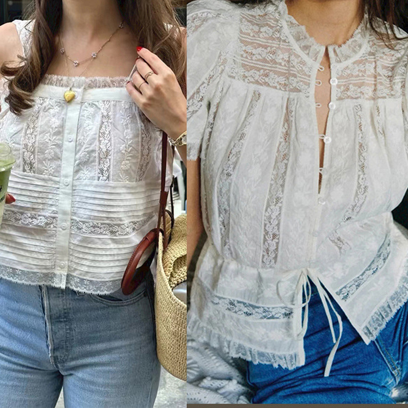 French-Style White Shirt for Women, Summer Exquisite Lace Splicing Short-Sleeve Tie-Waist Cotton Embroidered Floral Top Camisole
