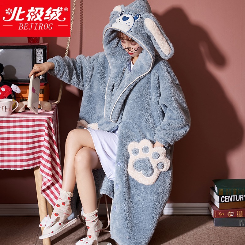 Coral velvet nightgown for women autumn and winter lovely long bathrobe with thick flannel warm nightgown and spring and autumn morning gown